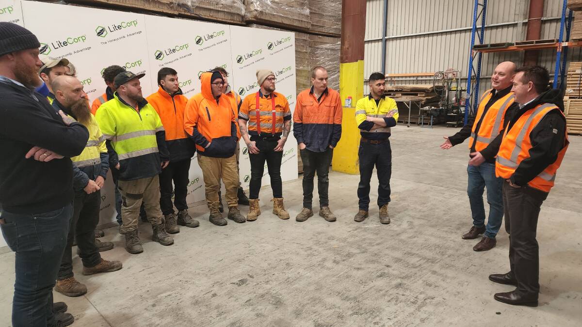 Acting Premier and Member for Bathurst, Paul Toole and Acting Business Manager Matthew Dorhauer address employees of Lite Corp. Photo: Reidun Berntsen