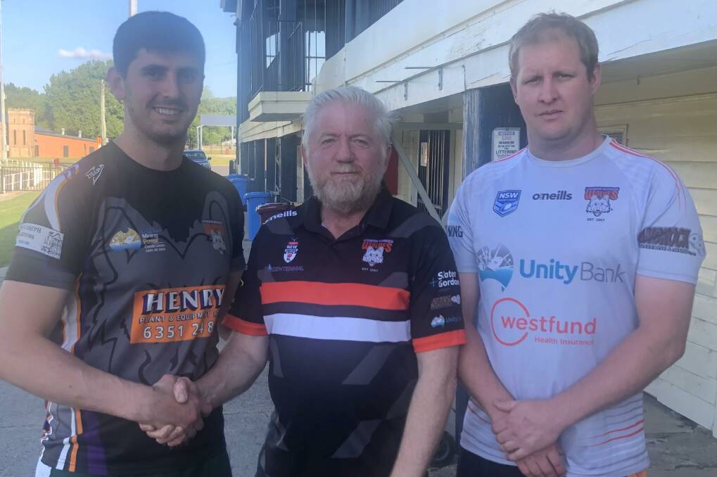 Keelan Bresac, Wolves President, Eric Mahony and First grade coach, Greg Alderson. Picture supplied.