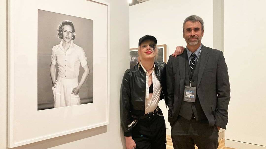 Photographer Tom Evangeldis (right) with his subject, Bianca and his entry in the National portrait prize. Picture: Supplied