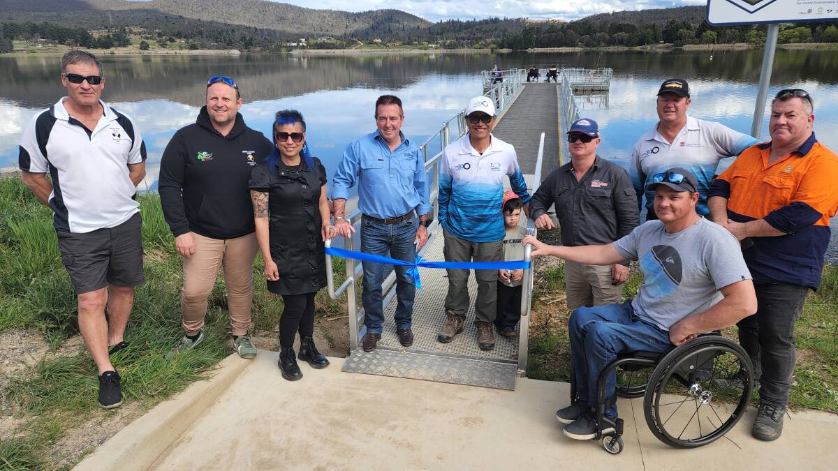 Ben Houlison, Ray Tang, Deputy Premier for NSW, Paul Toole and sponsors for the 'Gone fishing event' gathered for the official opening of the accessible pontoon at Lake Wallace. Picture by Reidun Berntsen.
