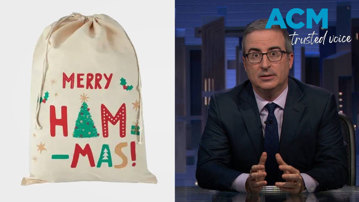 Kmart's embarrassing Christmas ham bag and HBO comedian John Oliver. Courtesy HBO. 