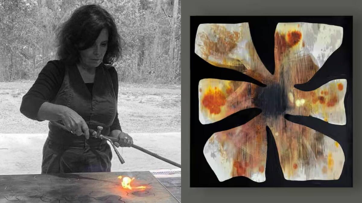Climate artist Katherine Boland and her painting Fire Flower No 8. Pictures supplied by Katherine Boland