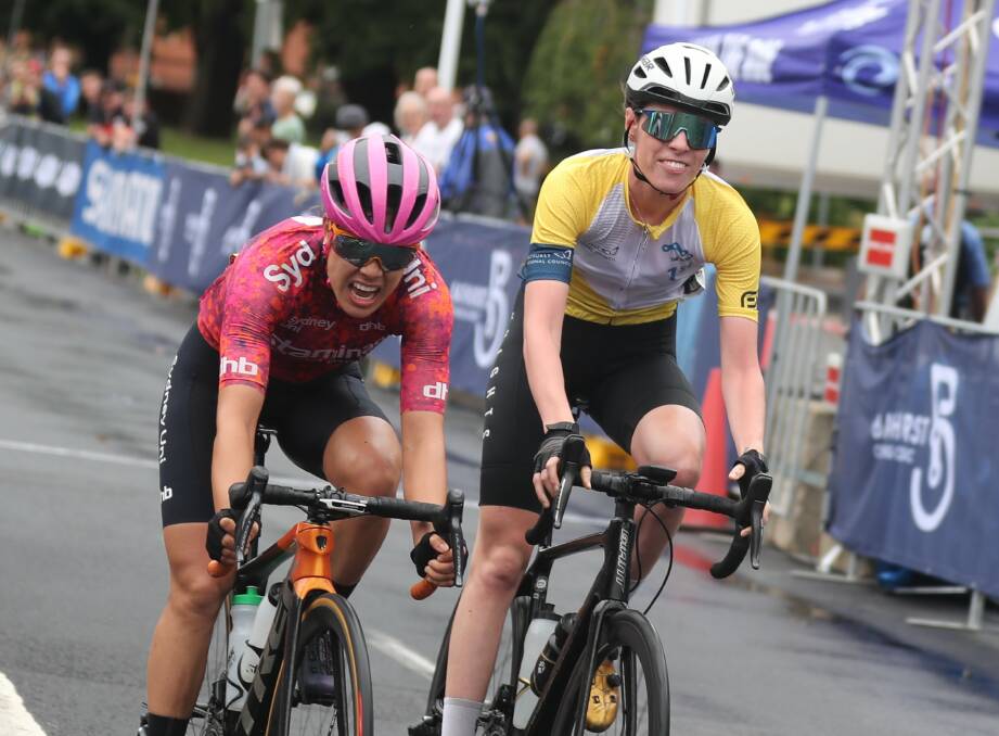 WIN: Emily Watts (right) finished ahead of Gina Ricardo to win the Bathurst Cycling Classic women's road races on Sunday. Photo: PHIL BLATCH