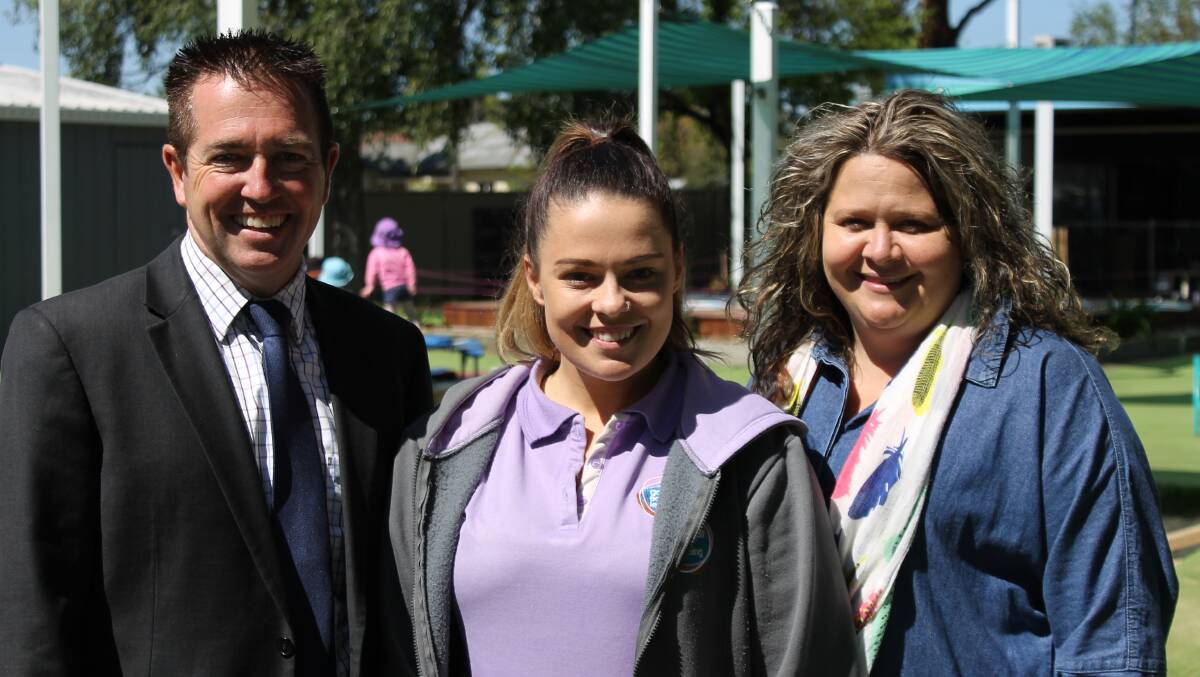 Upskill: Member for Bathurst Paul Toole with Kathleen Godfrey, $10,000 scholarship recipient and Goodstart Early Learning director Emma Kentwell.