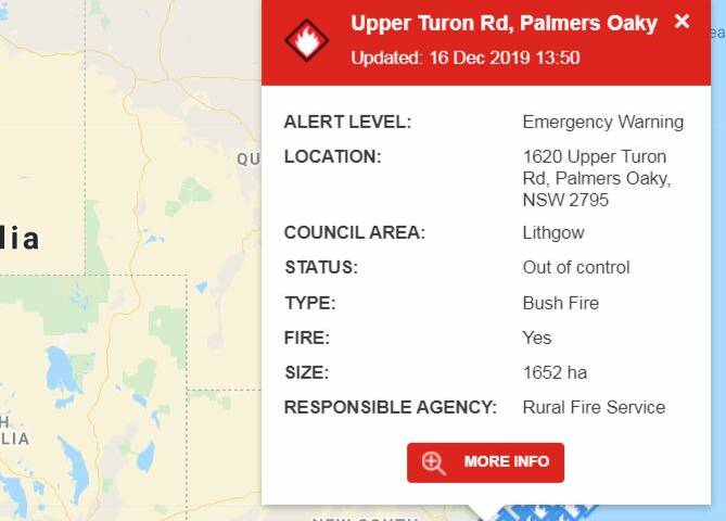 RFS put out emergency warning for Palmers Oaky fire
