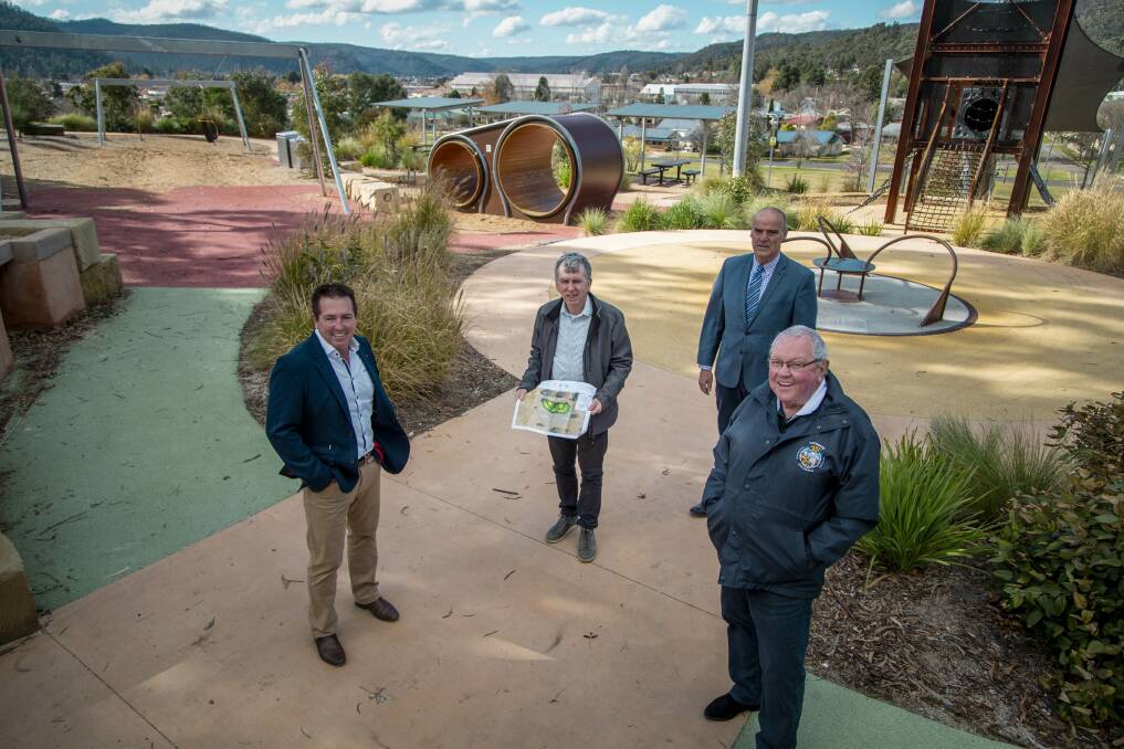 PUMP TRACK: Bathurst MP Paul Toole, left, Lithgow City Councils Matthew Johnson, general manager Craig Butler and Mayor Ray Thompson at Endeavour Park where a Pump Track will be added to compliment the popular Adventure Playground. 