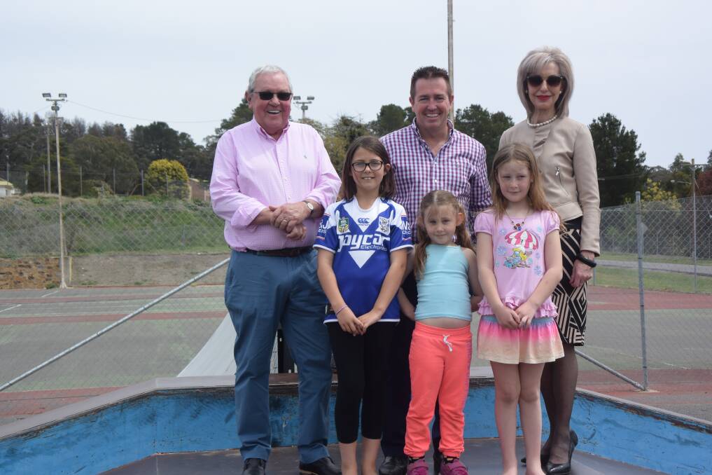 NEW SKATE PARK: Mayor Ray Thompson, MP Paul Toole, councillor Maree Statham with kids Charlotte Handley, Hannah Sheehan and Keely Sheehan. Picture: CIARA BASTOW. 