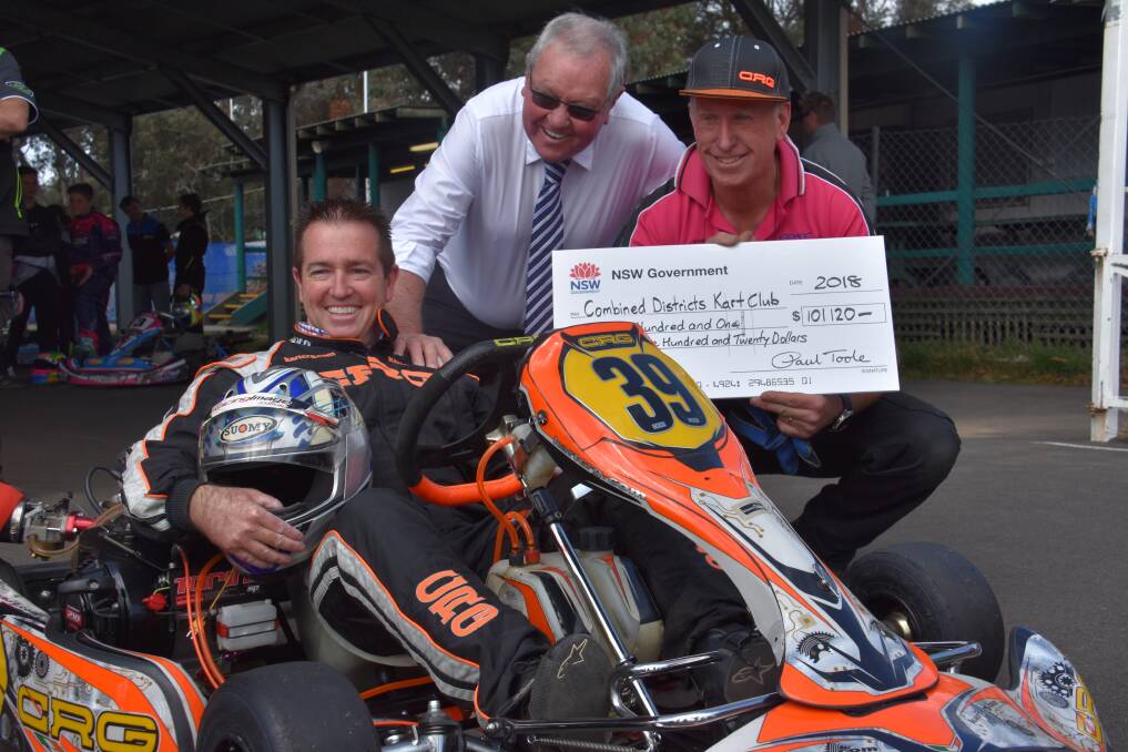 RACE TIME: MP Paul Toole, Lithgow Mayor Ray Thompson and President of Combined District Karts club Russell Becker. Picture: CIARA BASTOW. 