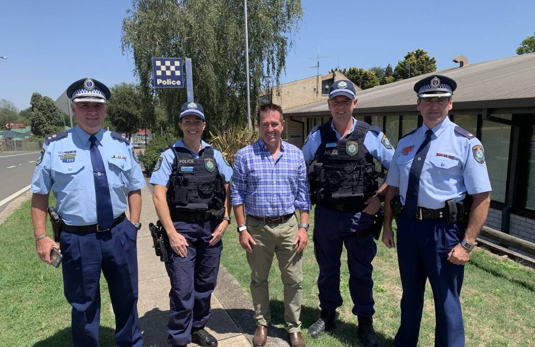 NEW RECRUITS: Superintendent Peter OBrien, left, Probationary Constable Michaela Palmer, Bathurst MP Paul Toole, Probationary Constable Aaron Taylor and Officer in Charge of Lithgow Police, Chief Inspector Chris Sammut. Picture: BRIAN WOOD 
