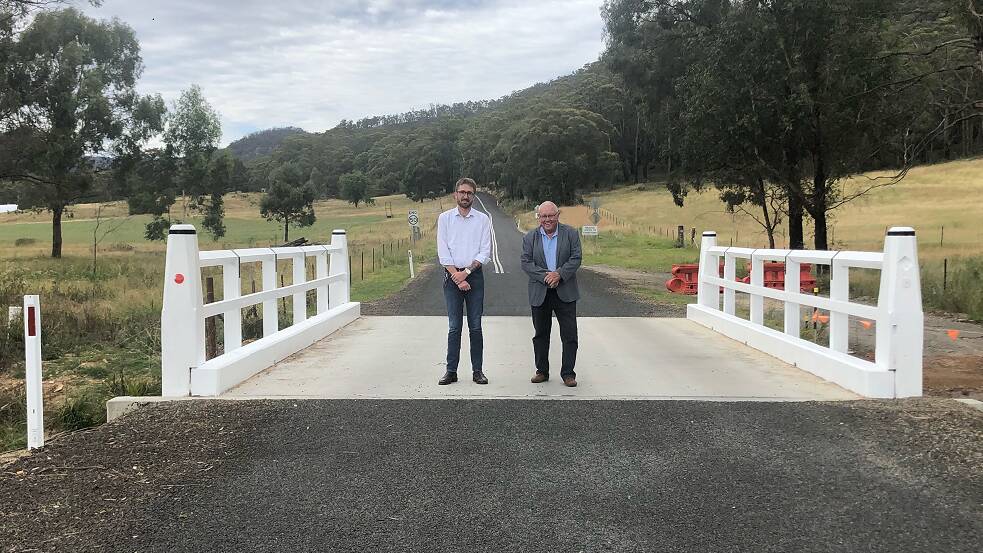 TOGETHER: Director of Infrastructure Services, Jonathon Edgecombe with Lithgow Mayor Ray Thompson on the newly constructed bridge. Photo: SUPPLIED 
