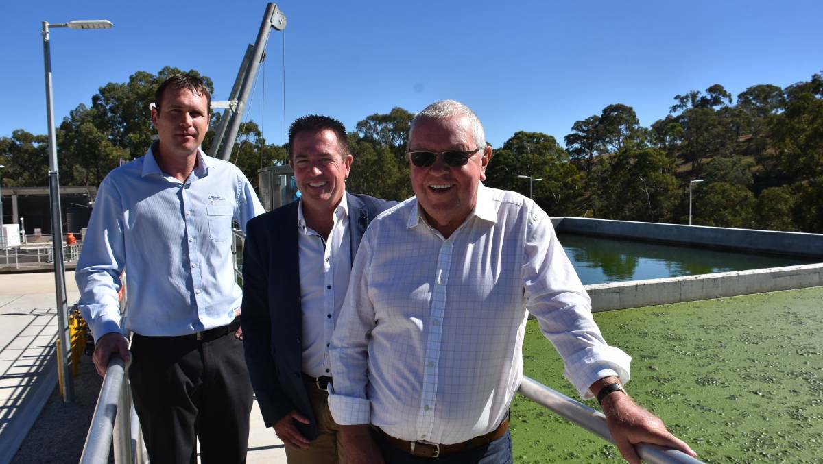 Director of water and waste water Daniel Buckens, MP Paul Toole and Lithgow Mayor Ray Thompson at the Portland plant. Picture: CIARA BASTOW.
