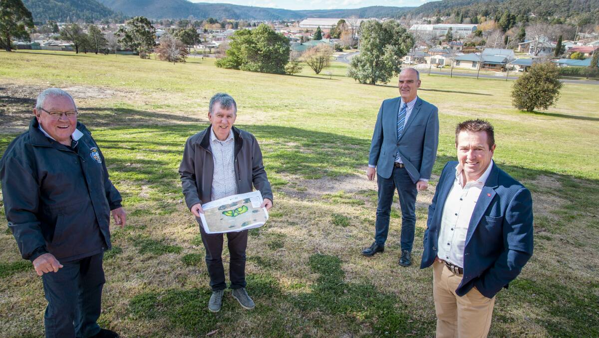 PUMP TRACK: Lithgow City Council Mayor Ray Thompson, left, Matthew Johnson from Lithgow City Council, general manager Craig Butler and Bathurst MP Paul Toole at Endeavour Park where a Pump Track will be added to compliment the popular Adventure Playground. 