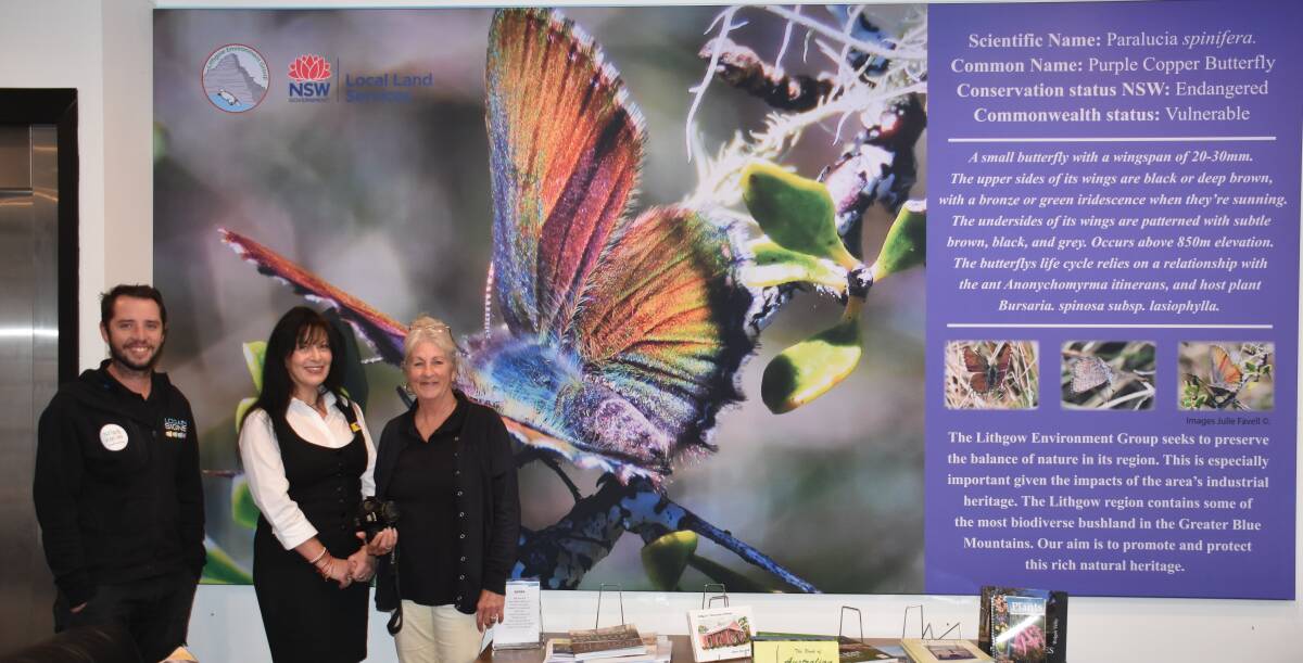BUTTERFLY: Josh Logan owner of Logan Signs, tourism officer Vicki Curry and Lithgow Environment Groups, Julie Favell in front of the butterfly. Pictures: CIARA BASTOW 