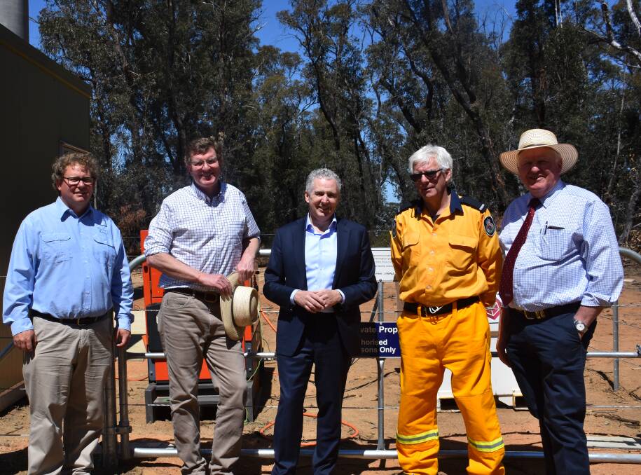 Zig Zag railway chairman Lee Wiggins, Member for Calare Andrew Gee, Telstra CEO Andy Penn, Clarence RFS Deputy Captain Henry Kirwan and Parliamentary Secretary for Western NSW Rick Colless. Pictures: CIARA BASTOW. 