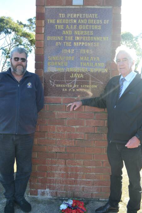 DAMAGED: Lithgow RSL sub-branch secretary Michael Cuthbert with Councillor Stephen Lesslie at the damaged POW memorial. Photo: CIARA BASTOW 