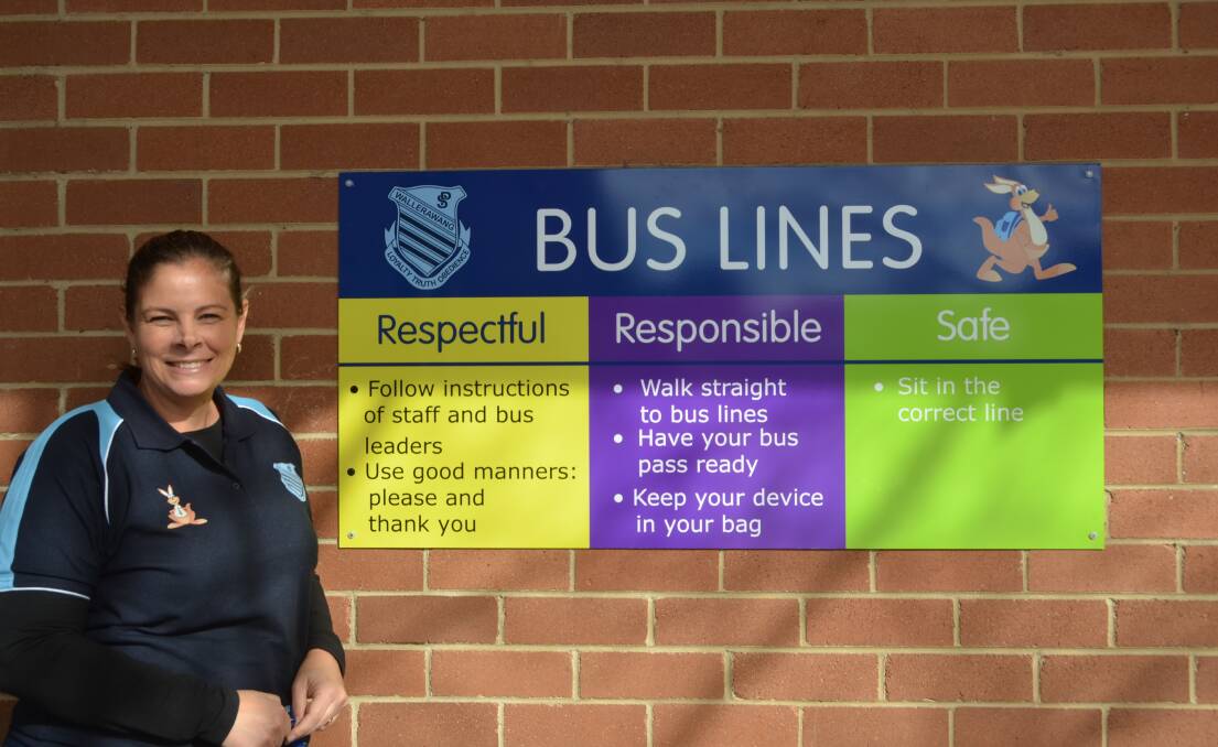 Vice Principal Amanda Brown in front of one of the new signs around Wallerawang Public School. Picture: CIARA BASTOW. 