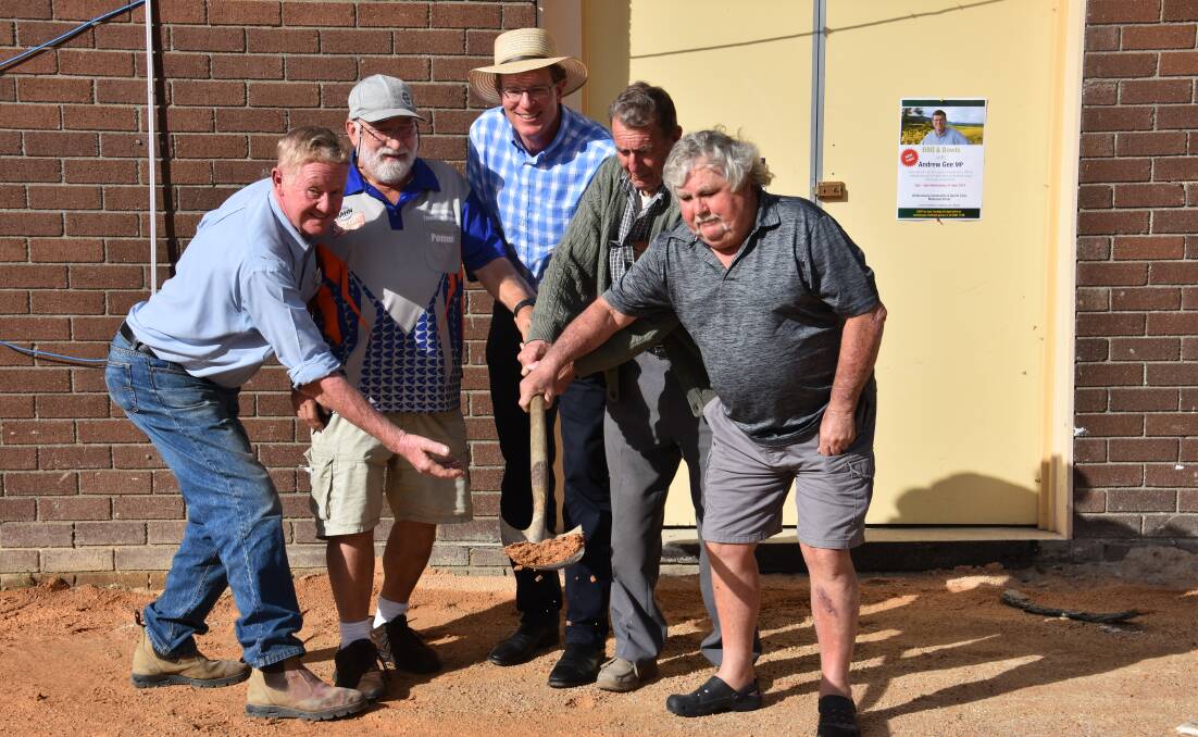SOD TURN: Contractor Joe Fraser, Pommie Williams, MP Andrew Gee, life members Dick Bulkeley and Dave Nunan. Picture: CIARA BASTOW