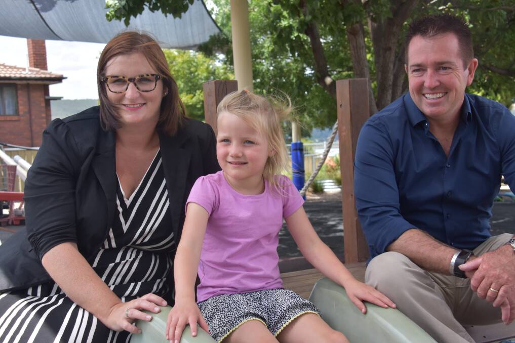 Minister for Early Childhood Education Sarah Mitchell, Nevaeh and MP Paul Toole. 