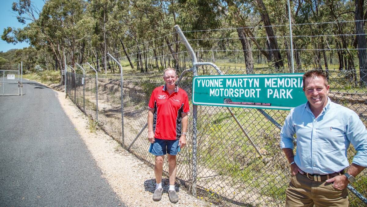 FINALLY: Les Taylor with MP Paul Toole at the Yvonne Martyn Memorial Motorsport Park. Photo: SUPPLIED 