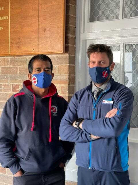 PORTLAND CENTRAL: Teacher Anton Kumar and principal Matt Quirk show their community spirit by wearing face masks to school. Photo: SUPPLIED 