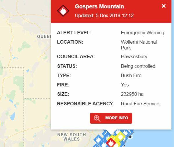 RFS issues emergency warning for Gospers Mountain fire