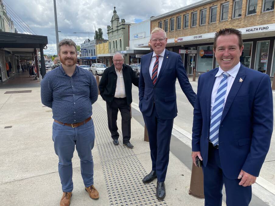 SUPPORT: Leigh Bennett from Family and Community Services in Lithgow, left, Mayor Ray Thompson, Minister Gareth Ward and MP Paul Toole in Main St, Lithgow on Thursday. Photo: SUPPLIED 