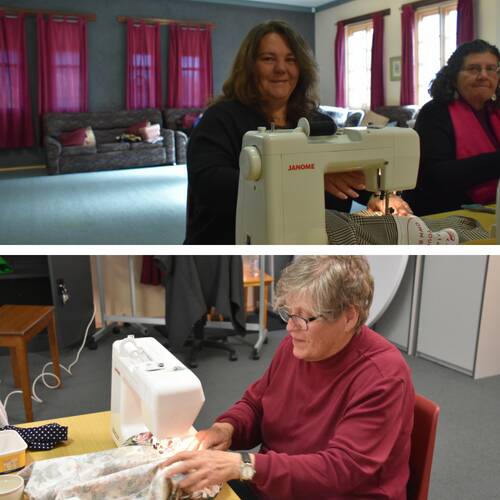 Deb Oakley and Allyn Jory show off their sewing skills as they get to work on making some reusable bags. 