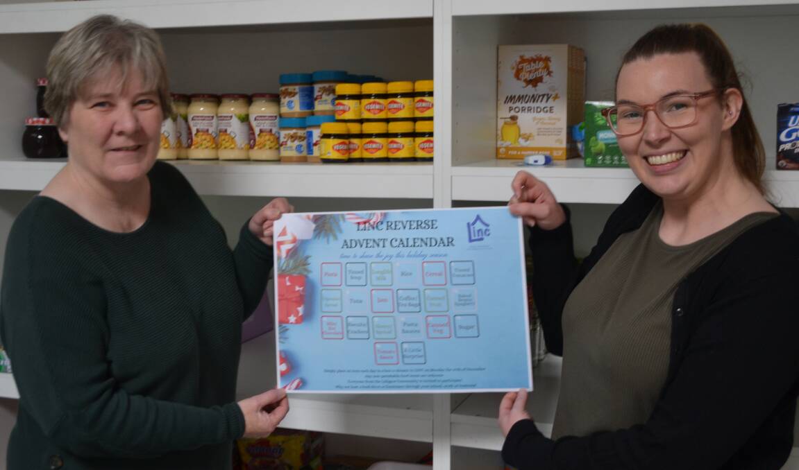 SUPPORTING EACH OTHER: Leanne Walding and Helena Bilby holding up the Reverse Advent Calendar. Picture: CIARA BASTOW 