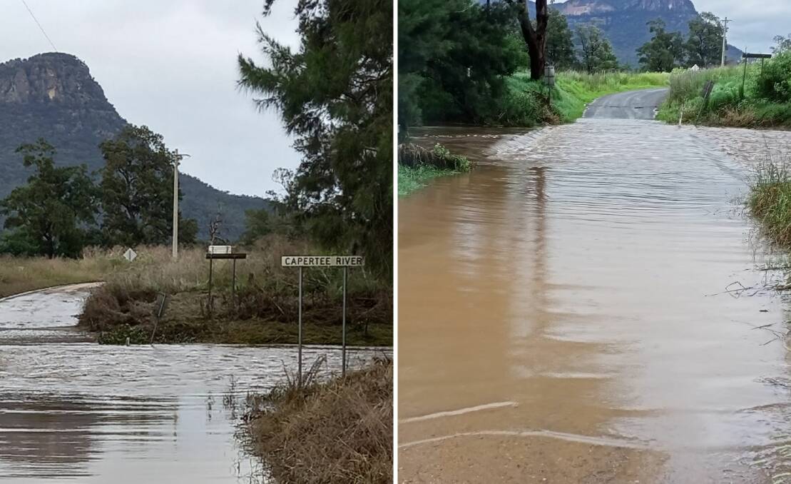 UNDER WATER: Glen Davis bridge has gone under multiple times in the last year, picture on the left is from March 10, 2022 while the picture on the right is from November 27, 2021. Pictures: JASON GRIMSHAW 