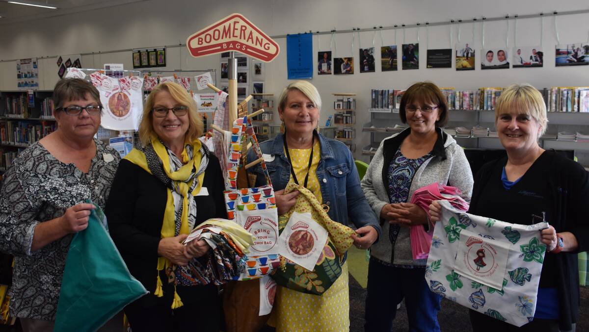 BOOMERANG BAGS: Maureen Flynn, Carol Stevens, Debbie Bailey, Kathy Kitchner and Lithgow Library team leader Sharon Lewis. Picture: CIARA BASTOW 