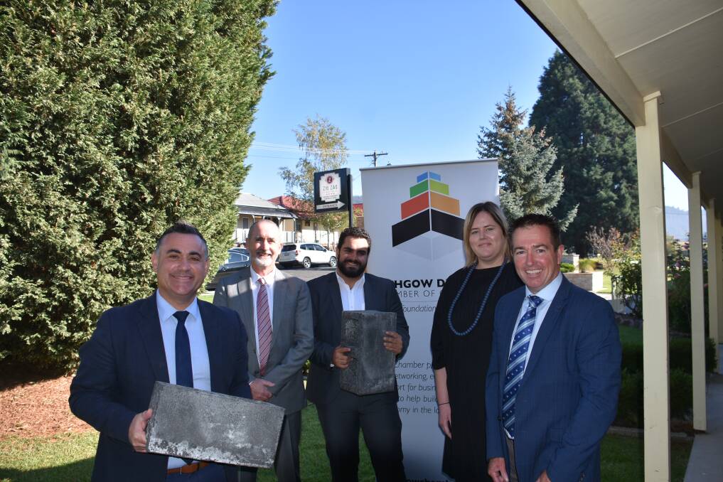 BUSINESS ROCKS: Deputy Premier John Barilaro, Nu-Rock's Mike Retter, Nu-Rock's project manager Daniel Rahme, President of the Chamber of Commerce Angela O'Connor and MP Paul Toole. Picture: CIARA BASTOW     