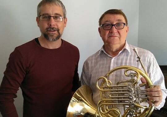 PIANO AND HORN: Blue Mountains composer and Lithgow choir conductor Rowen Fox and horn player Robert Johnson. Picture: SUPPLIED. 