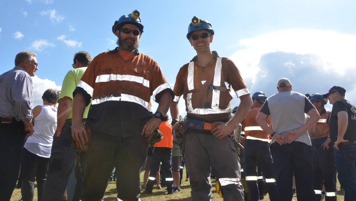CLEARER SKIES: Springvale miners Eric Palmer and Matt Carr at the community meeting with MP Luke Foley on Monday morning outside the mine. Picture: PHOEBE MOLONEY.