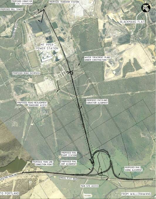 AERIAL VIEW: A map showing the rail loop and conveyor that will transport coal from the coal unloader to the power station. 