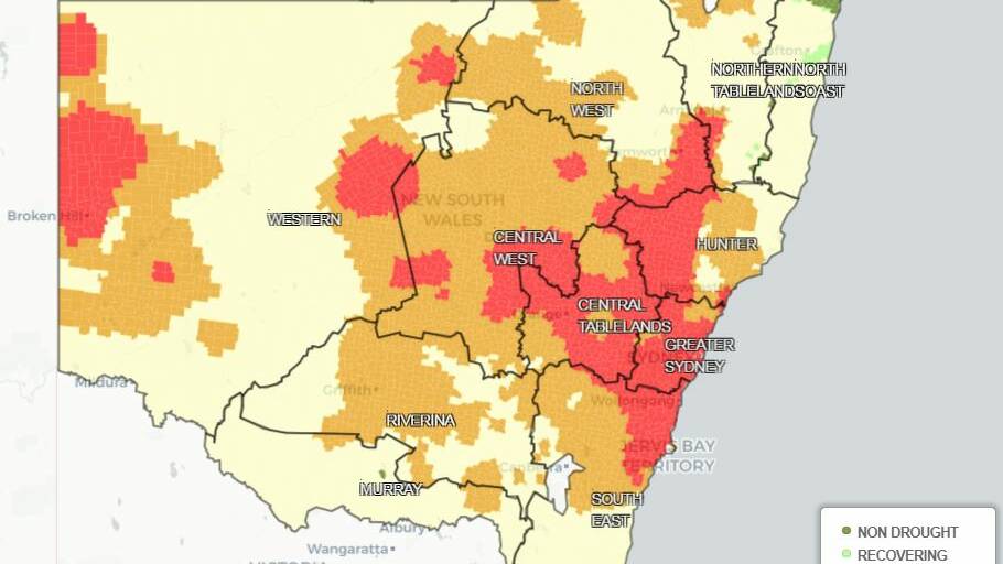  RED ZONE: Drought areas as mapped by the Department of Primary Industries website. Picture: SUPPLIED. 