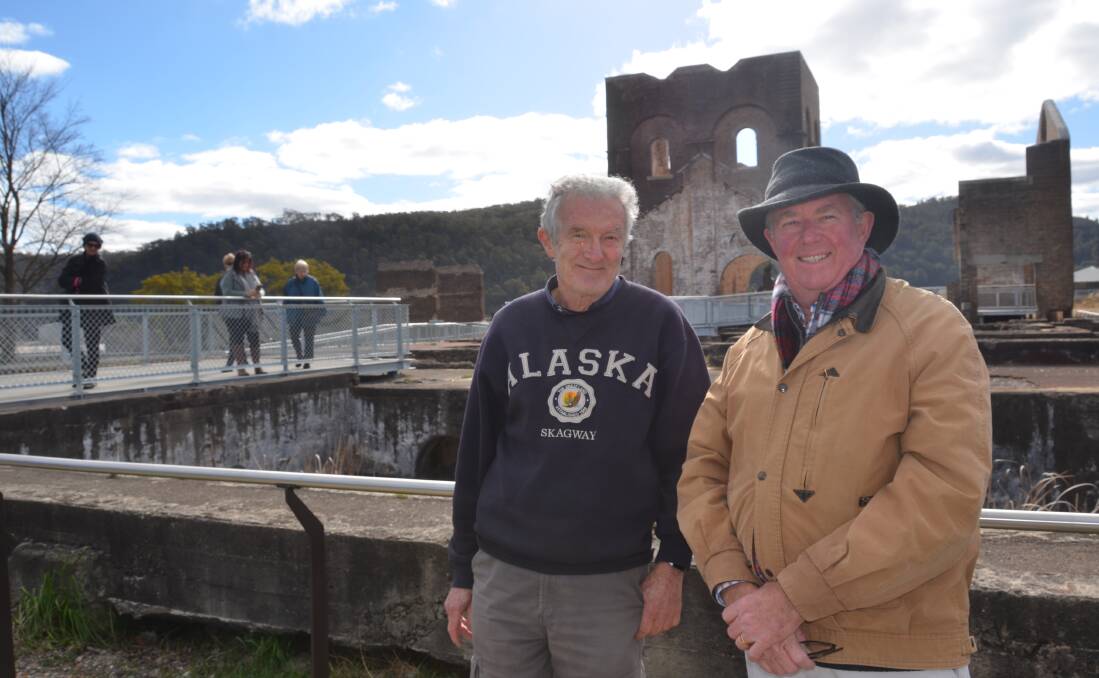 LITHGOW INTRODUCTION: Lithgow Tidy Towns committee member John Compton shows Tidy Towns assessor Doug MacDonald Blast Furnace Park. Picture: PHOEBE MOLONEY. 