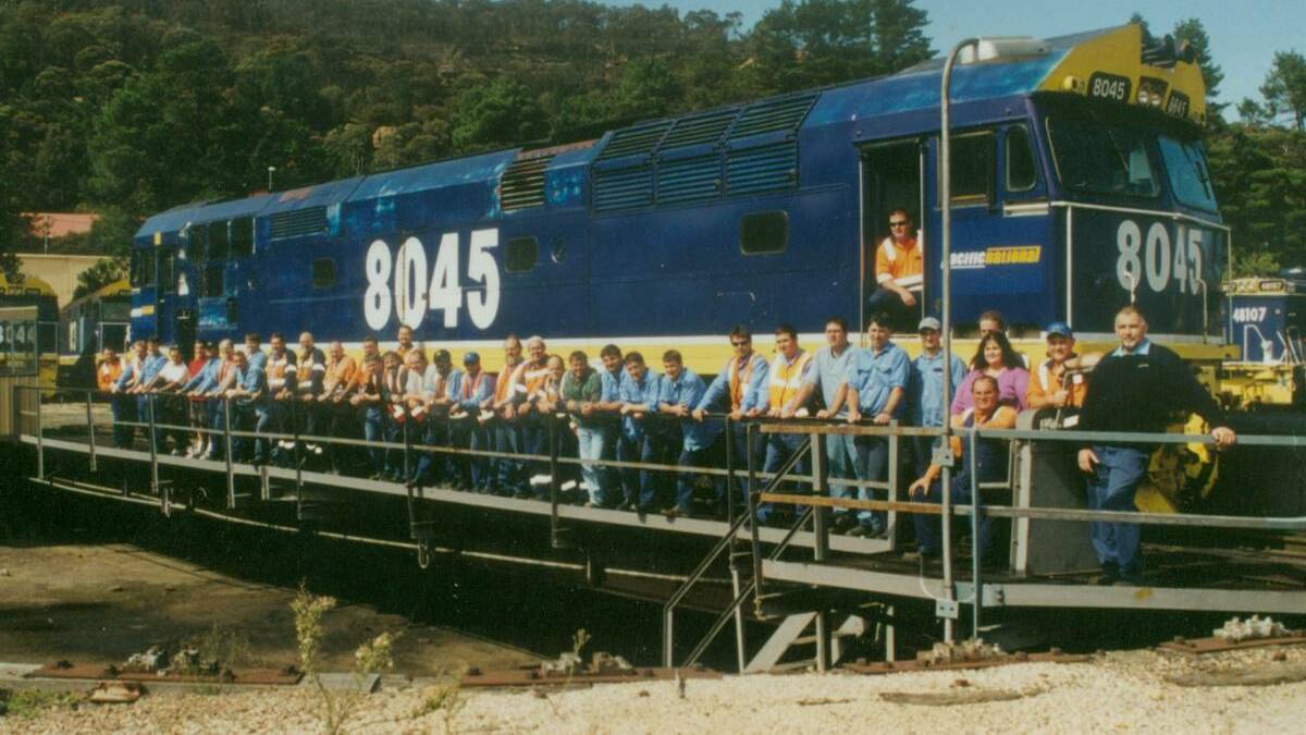  THE FINAL FAREWELL: It was a sad day on March 31 2003 when staff manned the turntable to mark their final day on the job at Lithgow Loco.