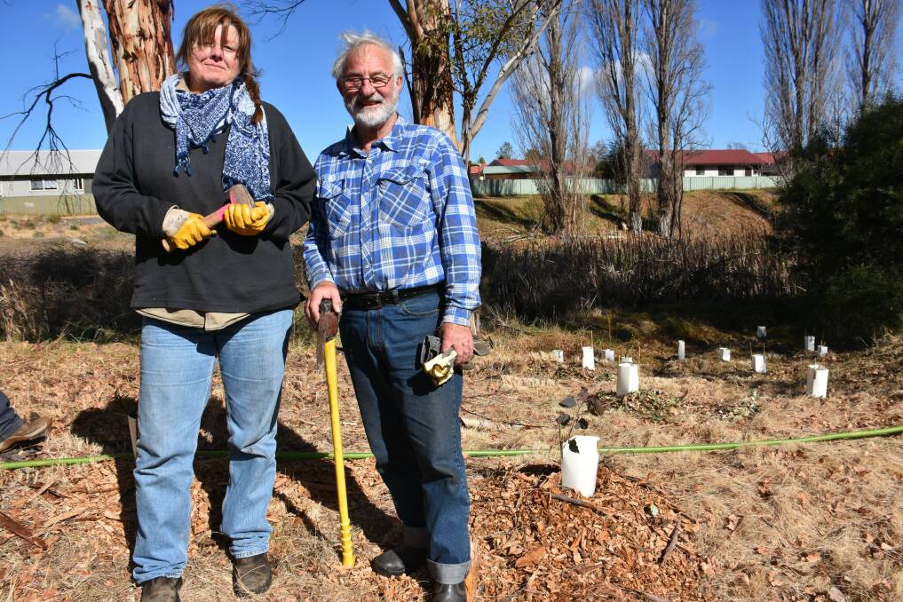 PLANTING LIFE: Secretary of the Lithgow Oberon Landcare Association Trish Kidd and volunteer Vaughan Bryers at Farmers Creek. Picture: PHOEBE MOLONEY. 