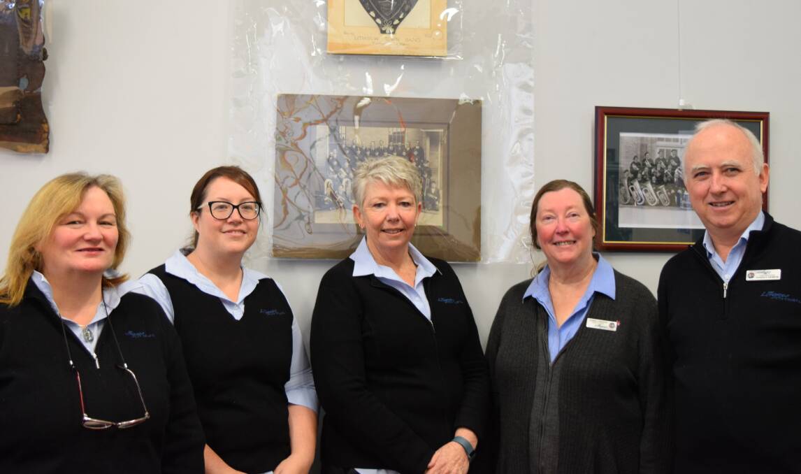 IN THE LIBRARY: Terry O'Keefe (second from the right) with library staff Kay Shirt, Kellie Drengenberg, Scotia Tracey, and Robert Lindsay. Picture: SUPPLIED