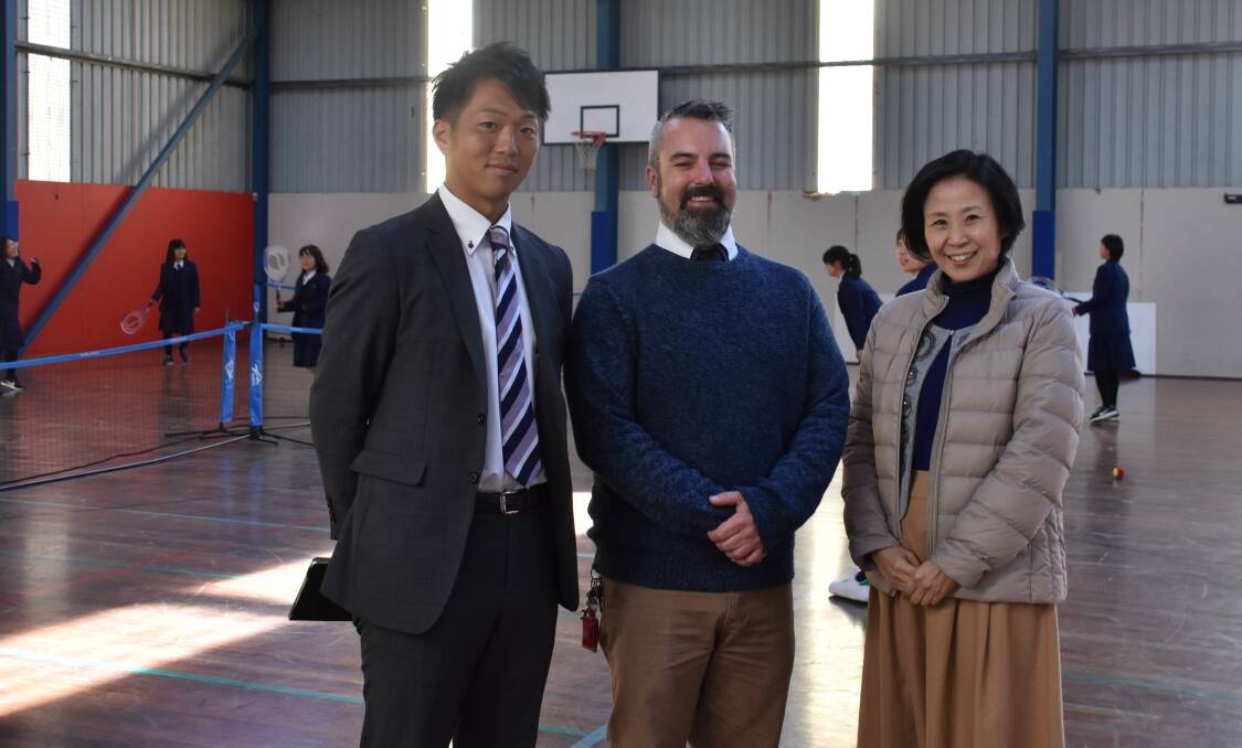 SISTER SCHOOL: Toke High School English teacher Keisuke Komuro and Japanese teacher Mikiko Sato with La Salle Academy's Japanese teacher Peter White. Picture: PHOEBE MOLONEY