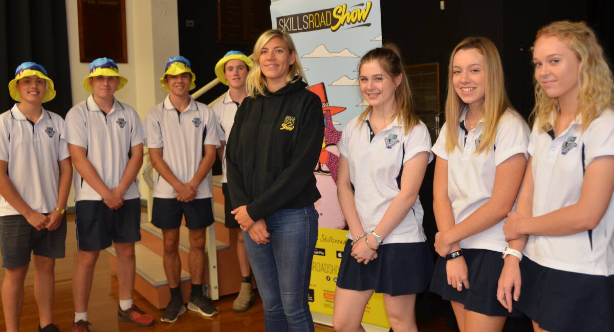 WORKING IT OUT: Lithgow High students Tom Luchetti, Zane Andison, Dylan Miles, Bryson Dukes, Amber Shaw, Kayla Giles, Emilee Mart with Kirstin Casey. Picture: PHOEBE MOLONEY. 