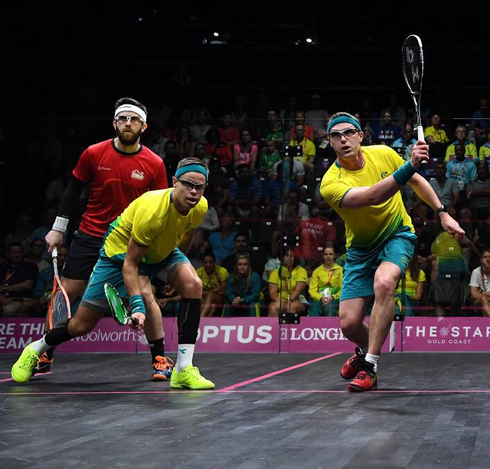 CALL TO ARMS: Lithgow born David Palmer (right) and his squash partner in the 2018 Commonwealth Games Zac Alexander during the grand final against England. Picture: AAP