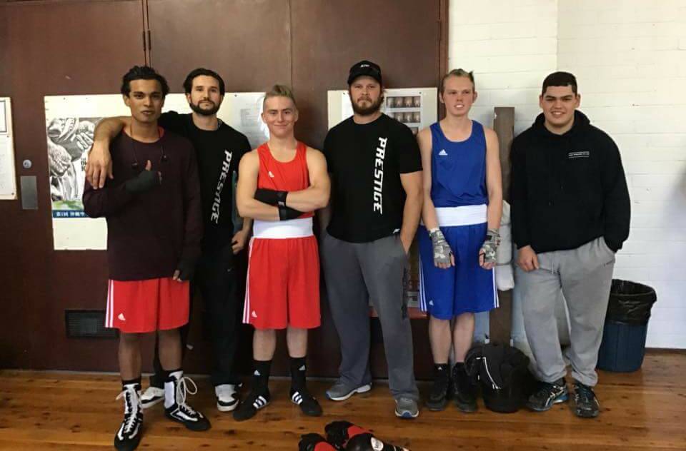 IN THE RING: Pawan Gajula, coach Roger Spence, Curtis Humby, coach Brett Smith, Jye Smith and Tom Clark. Picture: SUPPLIED. 