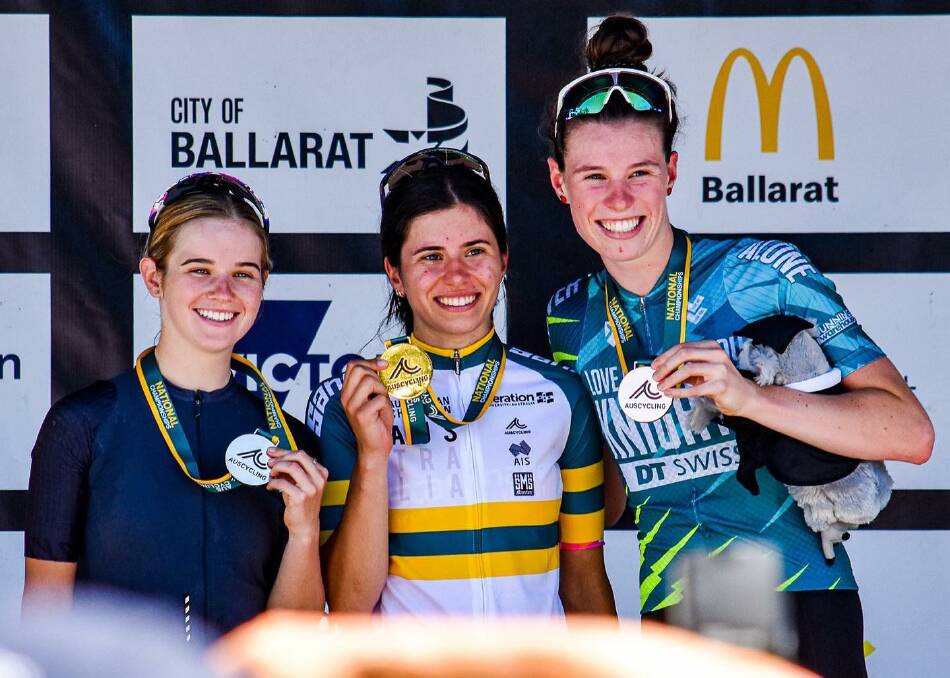 PODIUM FINISH: Bathurst Cycling Club talent and now Knights of Suburbia rider Emily Watts (right) placed third in the under 23 women's road race at the Ballarat host Road National Championships.