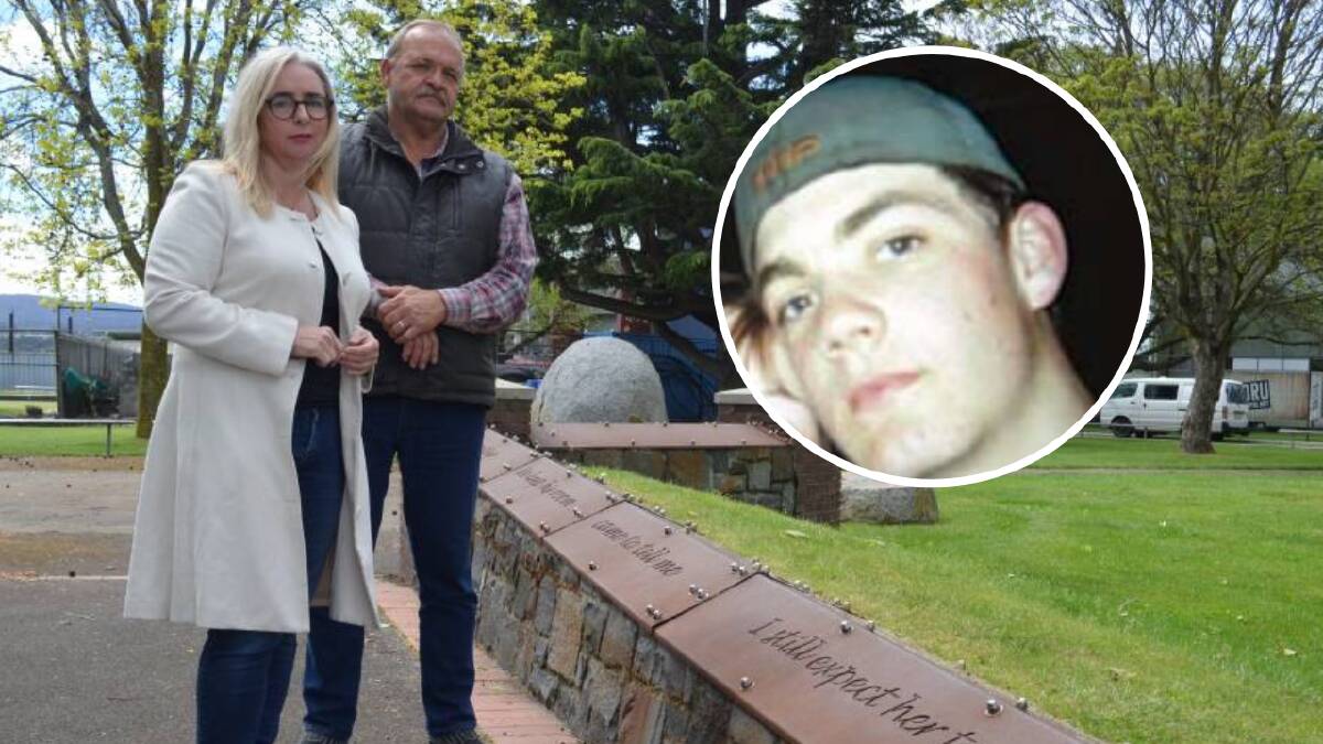 Labor's Michelle O'Byrne with Guy Hudson, whose son Matthew Hudson (inset) died in a workplace incident in 2004, at the Workers Memorial Park in Invermay. Picture: Adam Holmes
