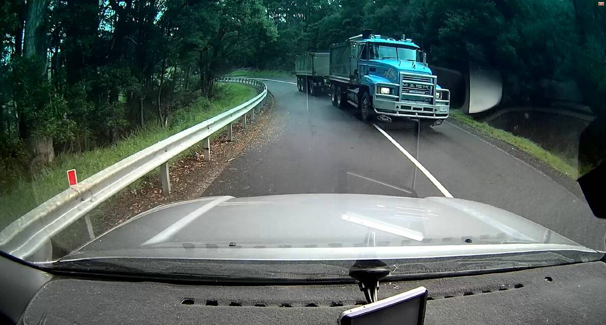 TOO CLOSE FOR COMFORT: A still image from the driver's dashcam footage shows the truck returning to the correct lane at the last moment. Picture: Supplied