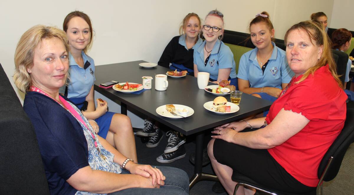 LITHGOW HIGH SCHOOL'S FIRST BUSINESS BREAKFAST: Sharon McLaughlin SLSO, Year 10 Students  Shayla Gee-Whitney, Samantha Hall, Alice Kingston and Chloe Anlezark and Kylie Young, SLSO.