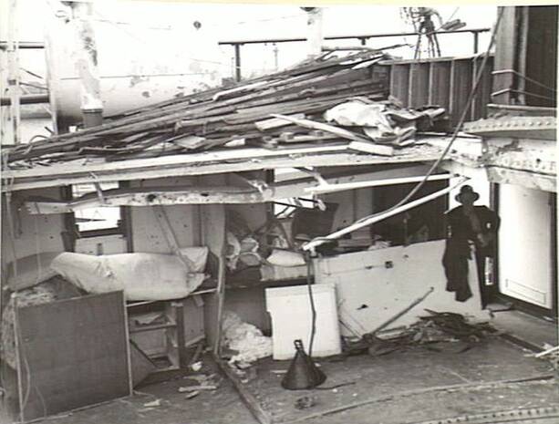 DAMAGE: The hospital ship Manunda showing damage done by Japanese bombs at Darwin on February 19, 1942 on which Shoalhaven's ister Margaret de Mestre, was killed and Sr Lorraine Blow severely injured. Photo: Australian War Memorial

