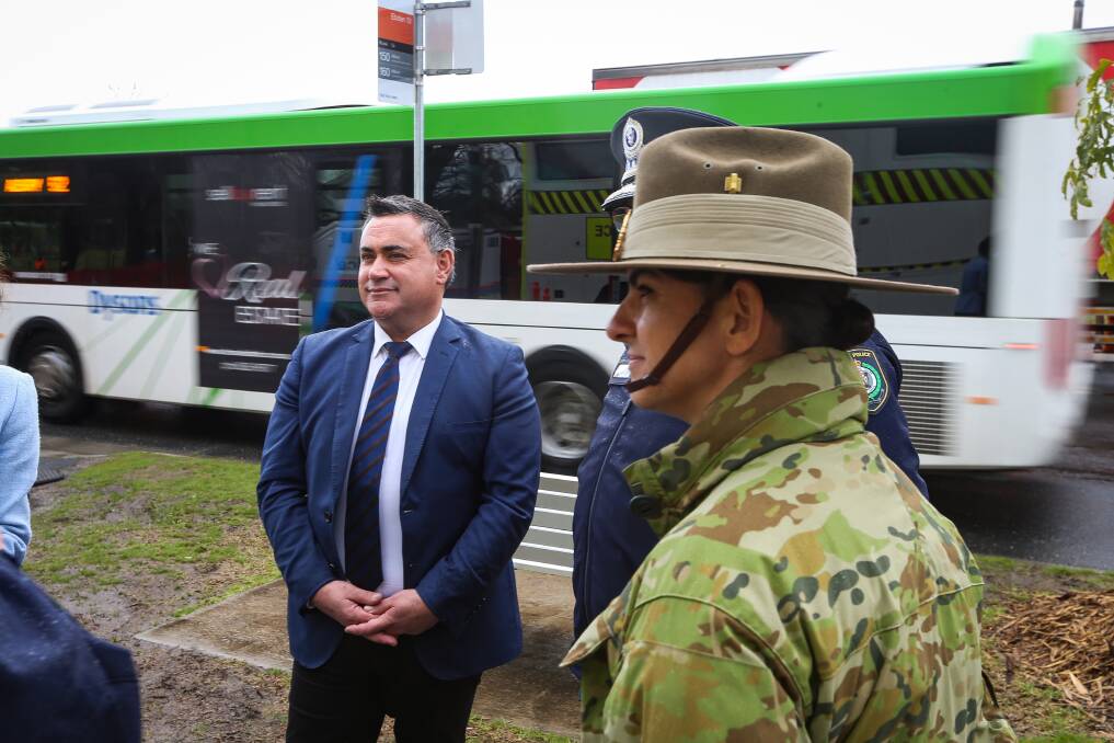 On board: NSW Deputy Premier John Barilaro has a greater understanding of the impact of border closures now. He met police and army members at the Albury checkpoint at Wodonga Place on Thursday. Picture: JAMES WILTSHIRE