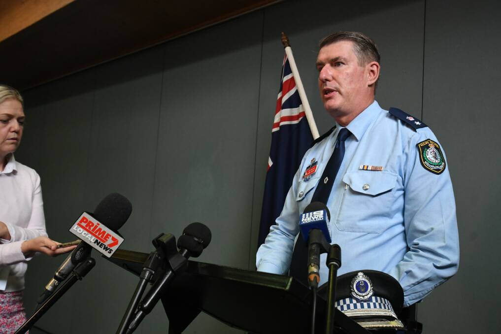 TRAGIC NEWS: Acting Superintendent Glenn Cogdell speaks to the media following the death of Lithgow police officer, Sen Const Kelly Foster. Photo: CHRIS SEABROOK